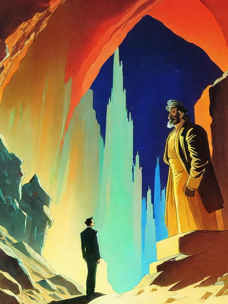 00790-2195584839-a painting of a man standing in front of a cave with a giant statue in the background by Ralph Bakshi.png